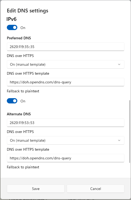 Windows 11 manual DNS settings dialog, for IPv6